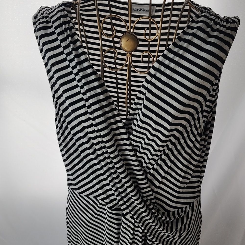 Calvin Klein Black White Stripe Stretch Jersey Faux Wrap Sleeveless Dress